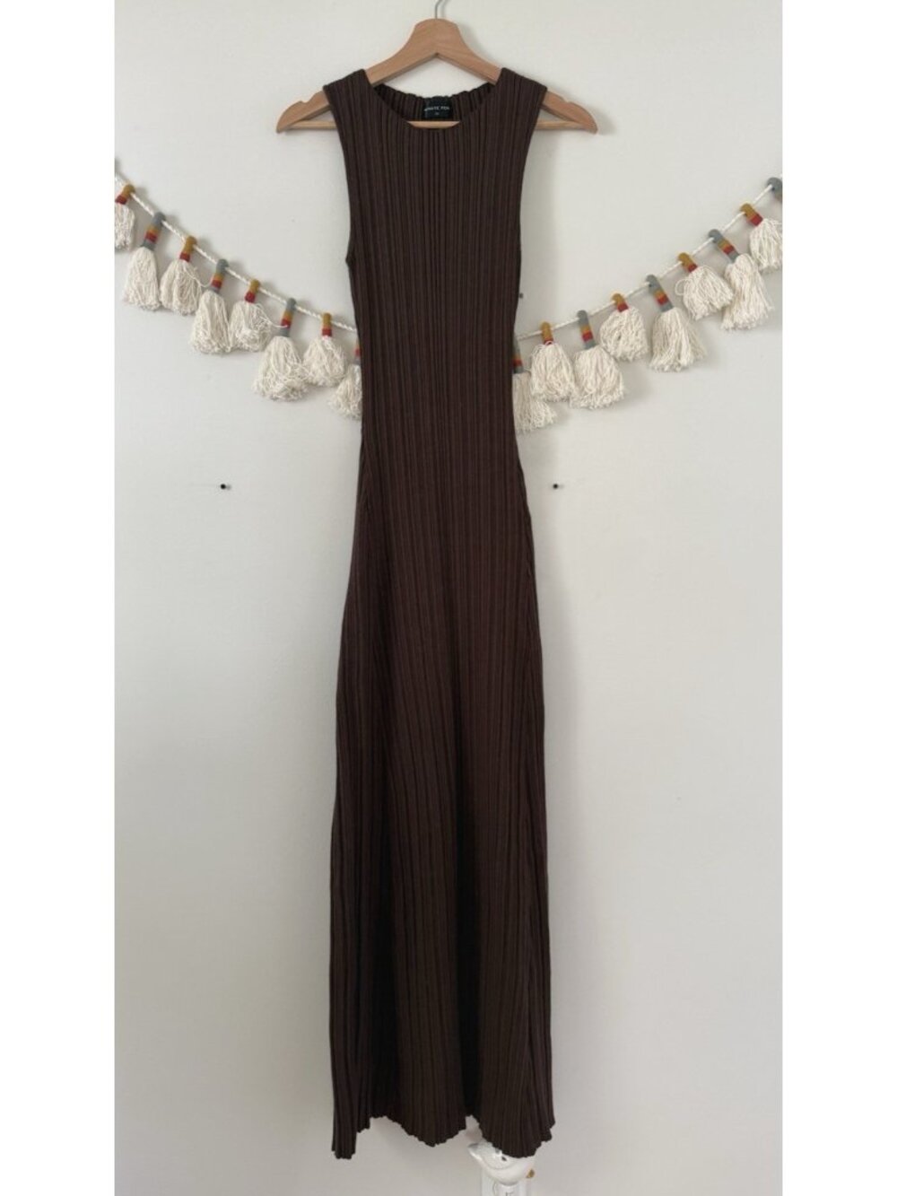 White Fox Chocolate Brown Ribbed Knit High Neck Sleeveless Bodycon Maxi Dress M
